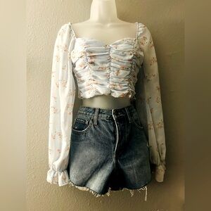 Windsor Blue Floral Smocked Peasant Blouse Pastel Crop Top Sweetheart Neck